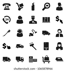 Flat vector icon set - vacuum cleaner vector, car fetlock, cleaning agent, shining window, woman, dollar cursor, phone 24, support, delivery, cargo search, mobile, doctor, hospital building, trolley