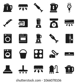 Flat vector icon set - vacuum cleaner vector, bucket, kettle, scales, oven, blender, air conditioner, fridge, washer, coffee maker, hood