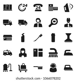 Flat vector icon set - vacuum cleaner vector, fetlock, car, window cleaning, iron, steaming, agent, shining, woman, phone 24, support, delivery, cargo search, hospital building, amkbulance, doctor