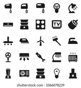 Flat vector icon set - vacuum cleaner vector, iron, mixer, oven, double boiler, blender, table lamp, tv, rca, windmill, air conditioner, ari condition, fan, heater, bulb, fireplace