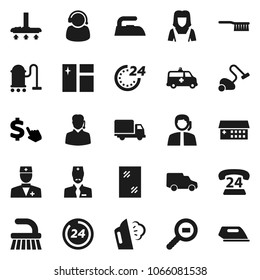 Flat vector icon set - vacuum cleaner vector, fetlock, window cleaning, iron, steaming, woman, dollar cursor, phone 24, support, delivery, car, cargo search, doctor, hospital building, amkbulance