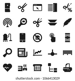 Flat vector icon set - vacuum cleaner vector, plates, pasta, pen, graph, heart pulse, no fastfood, cargo search, antenna, newspaper, mobile phone, touchscreen, magnifier, scissors, connect, browser