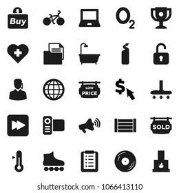 Flat vector icon set - vacuum cleaner vector, cleaning agent, thermometer, notebook pc, award cup, dollar cursor, bike, roller Skates, heart cross, oxygen, wood box, document, disk, loudspeaker, buy