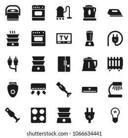 Flat vector icon set - vacuum cleaner vector, kettle, oven, double boiler, blender, table lamp, tv, rca, air conditioner, fridge, power plug, iron, multi cooker, epilator, heater, bulb