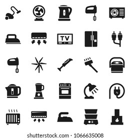 Flat vector icon set - vacuum cleaner vector, iron, kettle, mixer, oven, double boiler, table lamp, tv, rca, windmill, ari condition, fridge, power plug, multi cooker, blender, air conditioner, fan