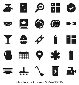 Flat vector icon set - vacuum cleaner vector, window cleaning, agent, plates, shining, colander, cook timer, ladle, cookbook, jug, punching bag, enegry drink, calendar, glass, protected, dna, pin