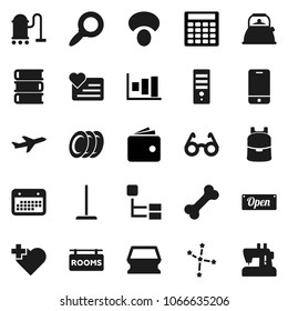 Flat vector icon set - vacuum cleaner vector, mop, sponge, kettle, plates, mushroom, book, glasses, backpack, magnifier, constellation, graph, wallet, calculator, heart monitor, cross, bone, plane
