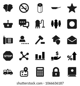 Flat vector icon set - vacuum cleaner vector, toilet paper, pan, graph, percent growth, investment, man, boxing glove, no smoking, navigator, phone, dialog, favorites, mail, rec button, network