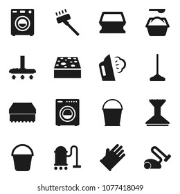 Flat vector icon set - vacuum cleaner vector, mop, bucket, sponge, car fetlock, steaming, washing powder, rubber glove, washer