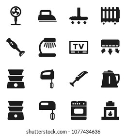 Flat vector icon set - vacuum cleaner vector, kettle, double boiler, blender, table lamp, tv, iron, mixer, oven, air conditioner, fan, heater, fireplace