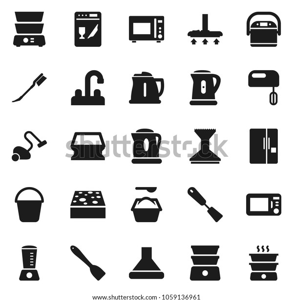Flat vector icon set - vacuum cleaner vector,\
bucket, sponge, car fetlock, washing powder, water tap, kettle,\
spatula, microwave oven, double boiler, fridge, dishwasher, mixer,\
hood, multi cooker