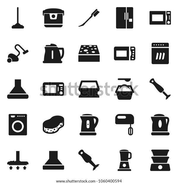 Flat\
vector icon set - vacuum cleaner vector, mop, sponge, car fetlock,\
washing powder, kettle, microwave oven, blender, fridge, washer,\
dishwasher, mixer, hood, multi cooker, double\
boiler