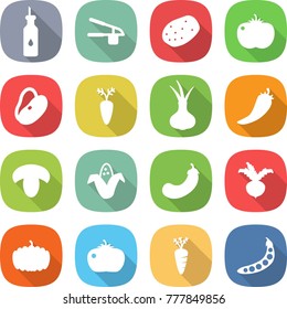 flat vector icon set - vegetable oil vector, garlic clasp, potato, tomato, beans, carrot, onion, hot pepper, mushroom, corn, eggplant, beet, pumpkin, peas