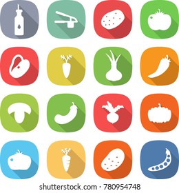 flat vector icon set - vegetable oil vector, garlic clasp, potato, tomato, beans, carrot, onion, hot pepper, mushroom, eggplant, beet, pumpkin, peas