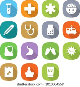 flat vector icon set - vial vector, medical cross, ambulance star, bandaged head, thermometer, stethoscope, pills bottle, car, broken hand, stomach, lungs, virus, roentgen, hospital recieption