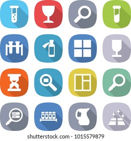 flat vector icon set - vial vector, wineglass, magnifier, test, potion bottle, window, fragile, sand clock, cargo search, data, spices, jug, clean floor