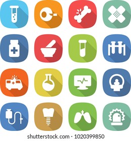 flat vector icon set - vial vector, artificial insemination, broken bone, medical patch, pills bottle, mortar, test, ambulance car, flask, monitor pulse, tomography, dropper, tooth implant, lungs