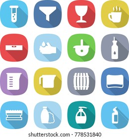 flat vector icon set - vial vector, funnel, wineglass, hot drink, level, acid, ladle, vegetable oil, measuring cup, barrel, sponge, shampoo, liquid soap, toilet cleanser