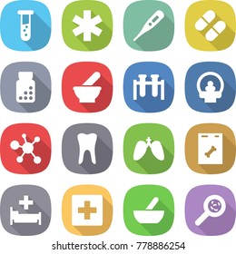 flat vector icon set - vial vector, ambulance star, medical thermometer, pill, pills bottle, mortar, test, tomography, virus, tooth, lungs, roentgen, hospital, first aid, viruses