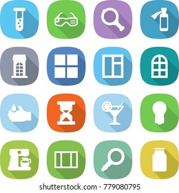 flat vector icon set - vial vector, smart glasses, magnifier, potion bottle, building, window, arch, acid, sand clock, cocktail, bulb, coffee maker, bank