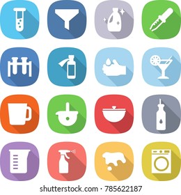 flat vector icon set - vial vector, funnel, cleanser, pipette, test, potion bottle, acid, cocktail, cup, ladle, cauldron, vegetable oil, measuring, sprayer, spot, washing machine