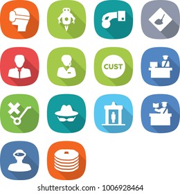 flat vector icon set - virtual mask vector, jet robot, hand coin, under construction, client, support manager, customs, control, do not trolley sign, confidential, detector, inspector, vr helmet