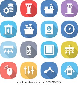 flat vector icon set - virtual mining vector, airport tower, customs control, detector, inspector, passport, barometer, air conditioning, remote, power switch, wireless mouse, setup, robot hand