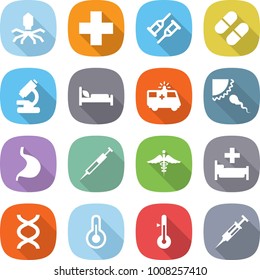 flat vector icon set - virus vector, medical cross, crutch, pill, microscope, hospital bed, ambulance car, sperm, stomach, syringe, sign, dna, thermometer