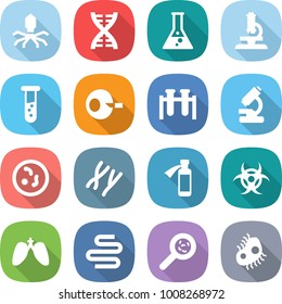 flat vector icon set - virus vector, dna, flask, microscope, vial, artificial insemination, test, microbe, chromosomes, potion bottle, biohazard, lungs, intestines, viruses, microb