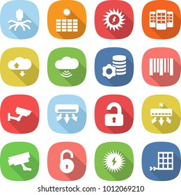 flat vector icon set - virus vector, sun power, server, cloud service, wireless, virtual mining, bar code, surveillance, air conditioning, unlocked, camera, unlock, solar, panel