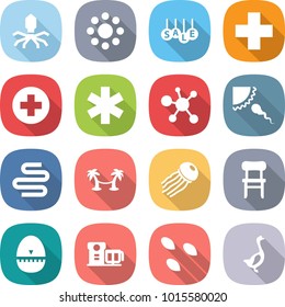 flat vector icon set - virus vector, round around, sale, medical cross, ambulance star, sperm, intestines, palm hammock, jellyfish, chair, egg timer, food processor, seeds, goose