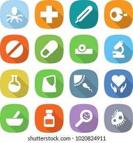 flat vector icon set - virus vector, medical cross, thermometer, artificial insemination, pill, head reflector, microscope, flask, broken hand, sperm, health care, mortar, pills bottle, viruses