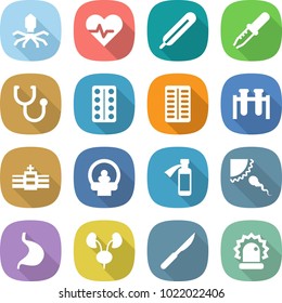 flat vector icon set - virus vector, heart pulse, medical thermometer, pipette, stethoscope, pills blister, test vial, hospital, tomography, potion bottle, sperm, stomach, kidneys, scalpel, alarm