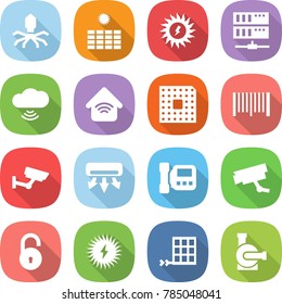 flat vector icon set - virus vector, sun power, server, cloud wireless, home, cpu, bar code, surveillance, air conditioning, intercome, camera, unlock, solar, panel, water pump