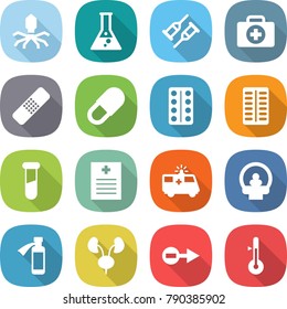 flat vector icon set - virus vector, flask, crutch, doctor case, medical patch, pill, pills blister, test vial, recipe, ambulance car, tomography, potion bottle, kidneys, electron, thermometer