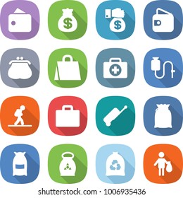 flat vector icon set - wallet vector, money bag, gift, purse, shopping, doctor case, dropper, tourist, suitcase, flour, fertilizer, garbage, trash