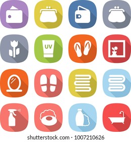 flat vector icon set - wallet vector, purse, perishable, uv cream, flip flops, flower in window, mirror, slippers, towels, towel, sprayer, soap, shampoo, bath