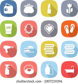 flat vector icon set - wallet vector, purse, lipstick, perishable, uv cream, hawaiian wreath, heart pendant, flip flops, hair dryer, slippers, towels, towel, sprayer, soap, shampoo, bath