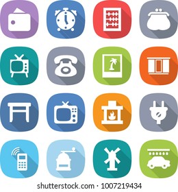 flat vector icon set - wallet vector, alarm clock, abacus, purse, tv, phone, photo, wardrobe, stool, fireplace, plug, mobile, hand mill, windmill, car wash