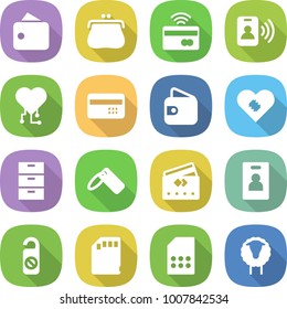 flat vector icon set - wallet vector, purse, tap to pay, pass card, cardio chip, credit, pacemaker, archive, label, identity, do not distrub, sd, sim, sheep