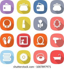 flat vector icon set - wallet vector, purse, necklace, lipstick, perishable, hawaiian wreath, flip flops, flower in window, mirror, hair dryer, towel, soap, bath