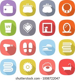 flat vector icon set - wallet vector, purse, necklace, uv cream, heart pendant, flower in window, mirror, hair dryer, slippers, towels, towel, soap, bath