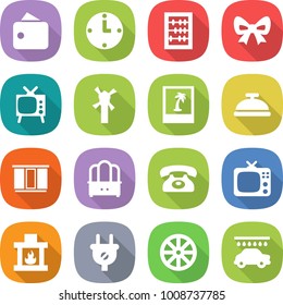 flat vector icon set - wallet vector, clock, abacus, bow, tv, windmill, photo, service bell, wardrobe, dresser, phone, fireplace, plug, wheel, car wash