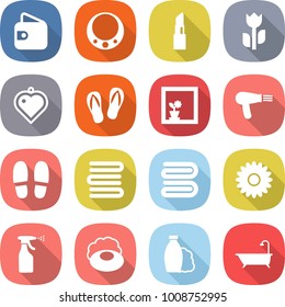 flat vector icon set - wallet vector, necklace, lipstick, perishable, heart pendant, flip flops, flower in window, hair dryer, slippers, towels, towel, sprayer, soap, shampoo, bath