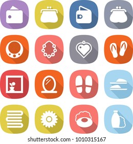 flat vector icon set - wallet vector, purse, necklace, hawaiian wreath, heart pendant, flip flops, flower in window, mirror, slippers, towels, soap, shampoo