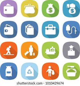 flat vector icon set - wallet vector, purse, money bag, gift, shopping, doctor, dropper, tourist, passenger, baggage checking, flour, garbage, trash, washing powder