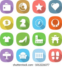 flat vector icon set - wallet vector, circle diagram, star, heart, money message, chess horse, lightning, necklace, t shirt, shoes, mansion, arch, restaurant, armchair, radiator, slippers