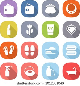 flat vector icon set - wallet vector, purse, necklace, lipstick, perishable, uv cream, heart pendant, flip flops, slippers, towel, sprayer, soap, shampoo, bath