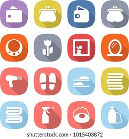 flat vector icon set - wallet vector, purse, necklace, perishable, flower in window, mirror, hair dryer, slippers, towels, towel, sprayer, soap, shampoo