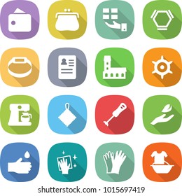 flat vector icon set - wallet vector, purse, gift, hex molecule, smart bracelet, anamnesis, mansion, handwheel, coffee maker, rag, blender, hand leaf, drop, wiping, gloves, handle washing